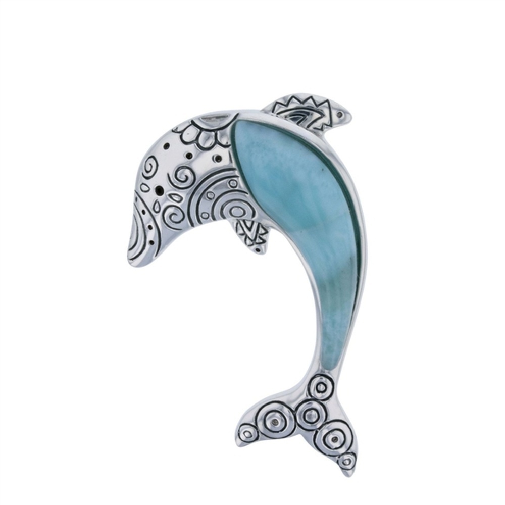 925 Sterling  Silver Larimar Dolphin w Engraved Line Art Pendant  5.3 gm